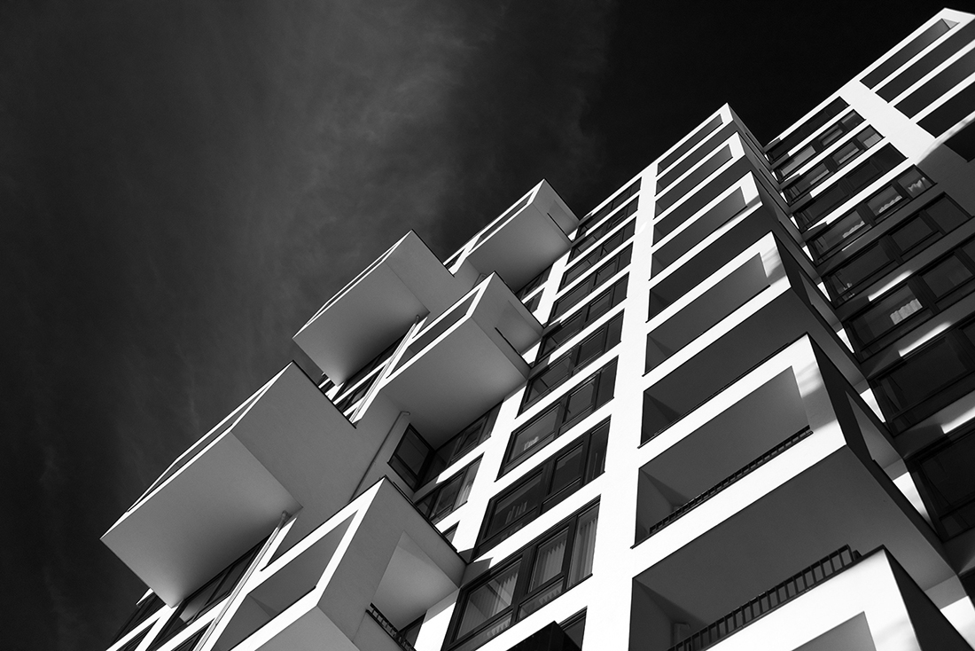 Modern buildings in black and white.