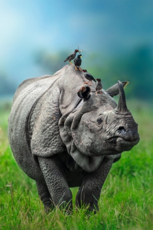 One Horned Rhino with Jungle Myna