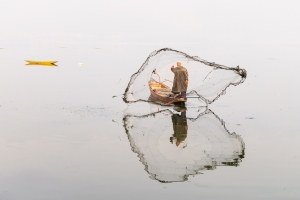 Fisherman casting his net, Lake Dal, Jammu and Kashmir, India